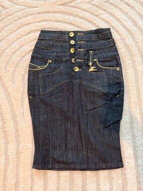 Apple Bottoms Dark Blue Denim Pencil Skirt with Gold Trim